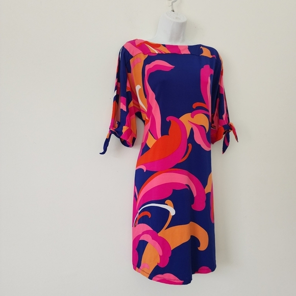 Trina Turk Vinet Short Shift Mini Tunic Dress Scrolling Slit Sleeve Knit Sz L - Picture 5 of 15